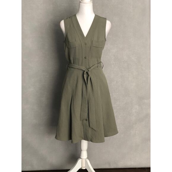 DKNY Women's Size 2 Button Front Waist Tie Fit & Flare Dress Olive NEW - Picture 1 of 7